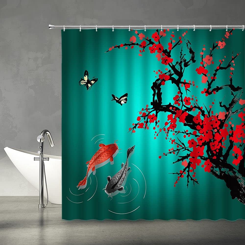 Japanese Waves Shower Curtain Cherry Blossom Pulm Flower Moon Koi Fish Kanagawa Waves Asian Romantic Fabric Bathroom Curtains