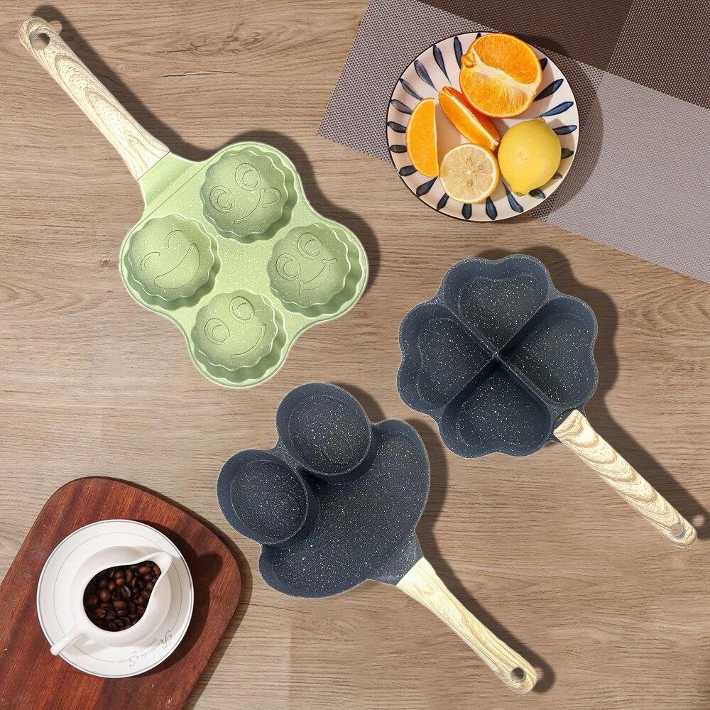 1PC Home Creative Porous Frying Pan Medical Stone Non-Stick Wood Grain Handle Breakfast Mini Egg Dumpling Pan