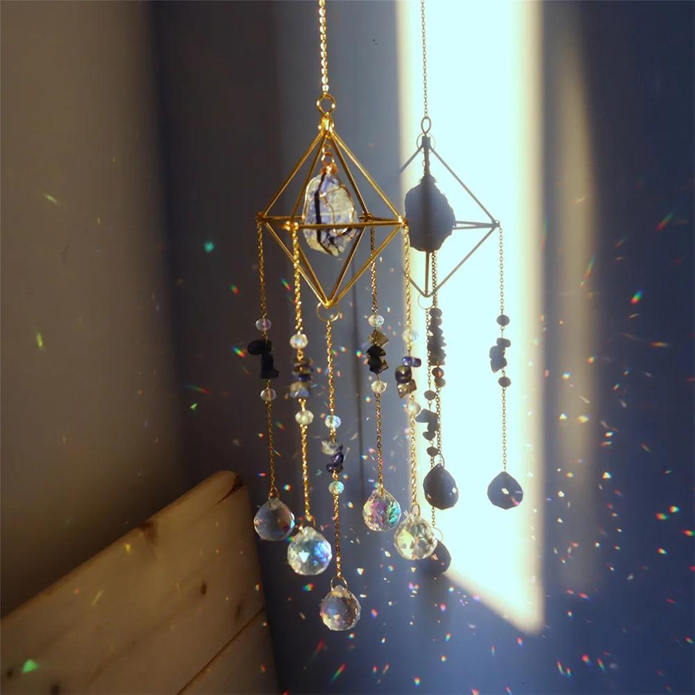 Crystal Wind Chime Star Moon Sun Catchers Windchimes Plated Colorful Beads Hanging Drop for Outdoor Indoor Garden Decor Craft