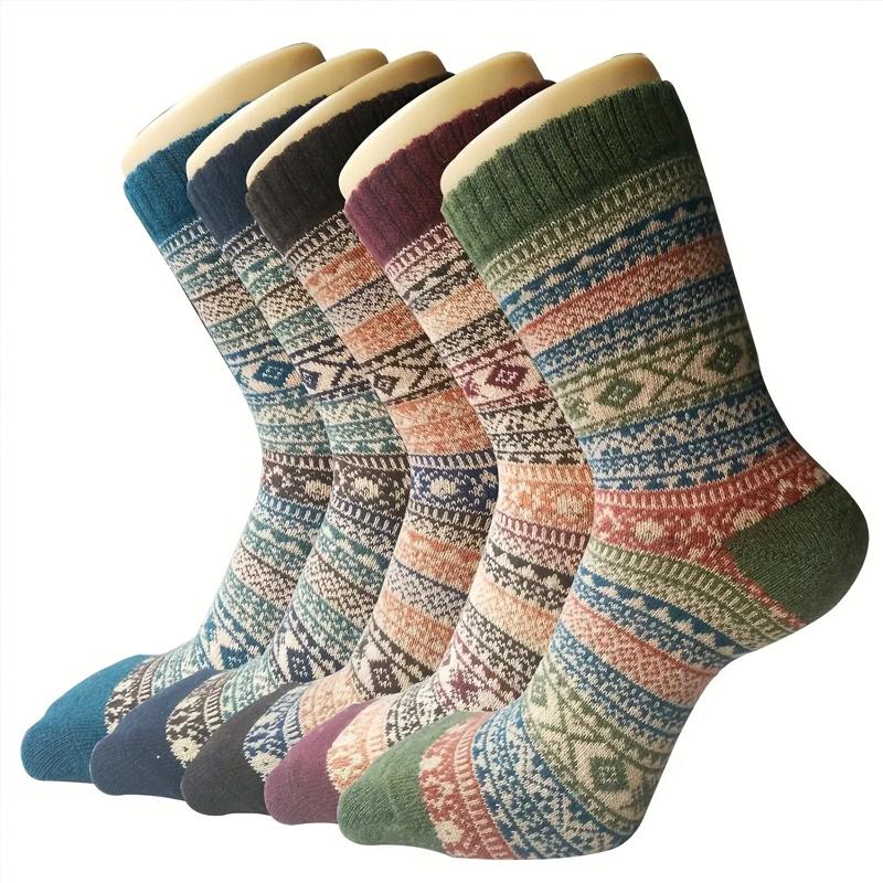 1/5 Pairs Casual Socks EU Size 38-43 Retro Pattern Autumn/Winter Round Neck Socks Ethnic Style Women Comfortable