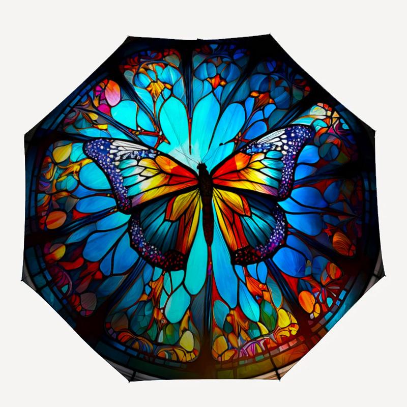 

1pc Butterfly StainedGlass Automatic Open/Close Umbrella with Folding feature Compact Travel Umbrella, Lightweight design, for Commuting116