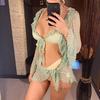 4PCS Halter With Sarong Long Sleeve Bikini Female Swimsuit Women Swimwear Four-pieces Bikini Set Bather Bathing Suit Swim V6338B