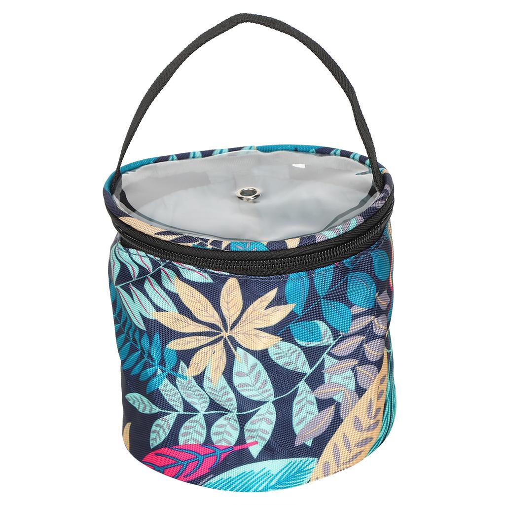 Kbelík s pytlem, vzor s listy, oxfordská látka, příze, klubko, jehla, drobnosti, dokončovací úložný nástroj, malý válec