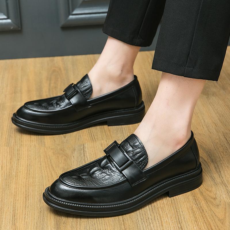 Luxury Men Dress Shoes Genuine Leather Crocodile Print Wedding Black Iron Buckles Business Office Slip On Mens Rubber Sole Shoes