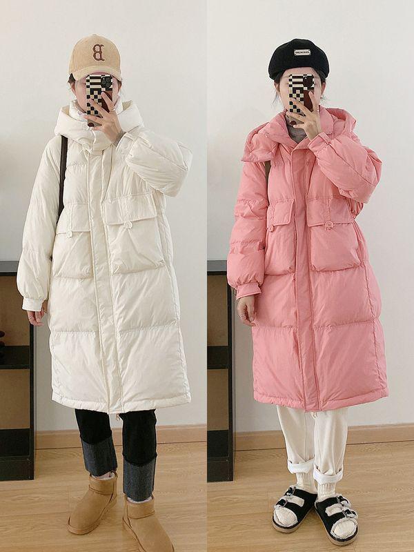 Damen Daunenjacke im koreanischen Stil, mittellang - mit Kapuze, tailliert, lockere Passform, überknielang, dicker Wintermantel.