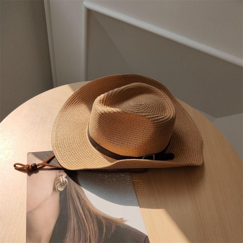 Foldable Straw Visor Hat Wide Brim Sun Protection Cap Fashion Western Cowboy Hat  Women Men