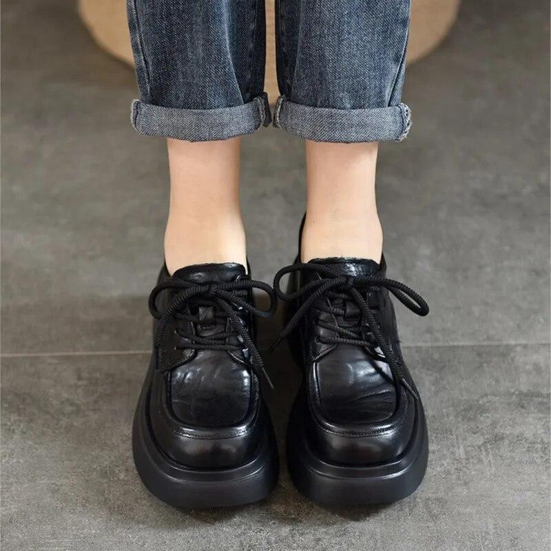 Johnature Lodičky na vysokém podpatku z pravé kůže Ženy Nepromokavé Platforma Šněrování Hrubé podpatky Boty na klínku