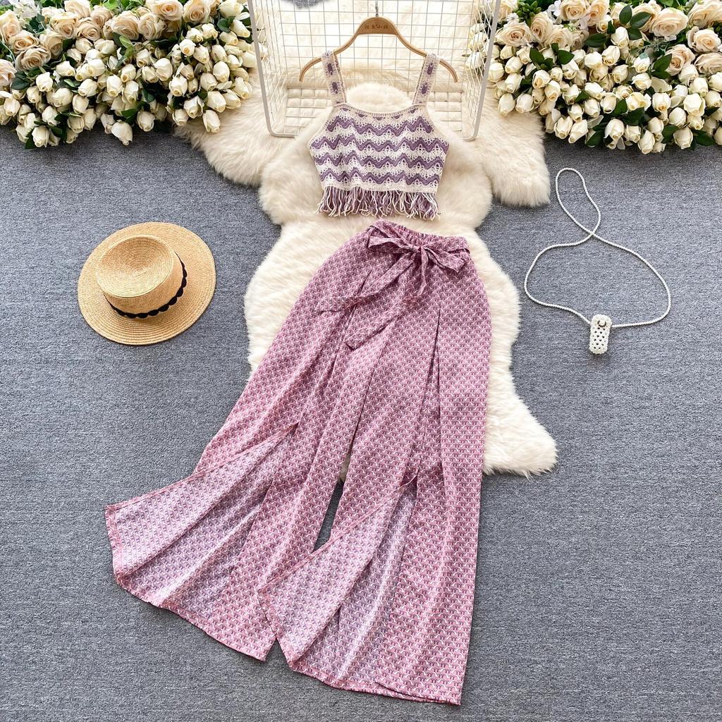 Bohemian Seaside Holiday Sle Zweiteiliger Anzug mit Wellenmuster, Camisole-Ärmel, vielseitiges, geschlitztes Hosenset mit weitem Bein