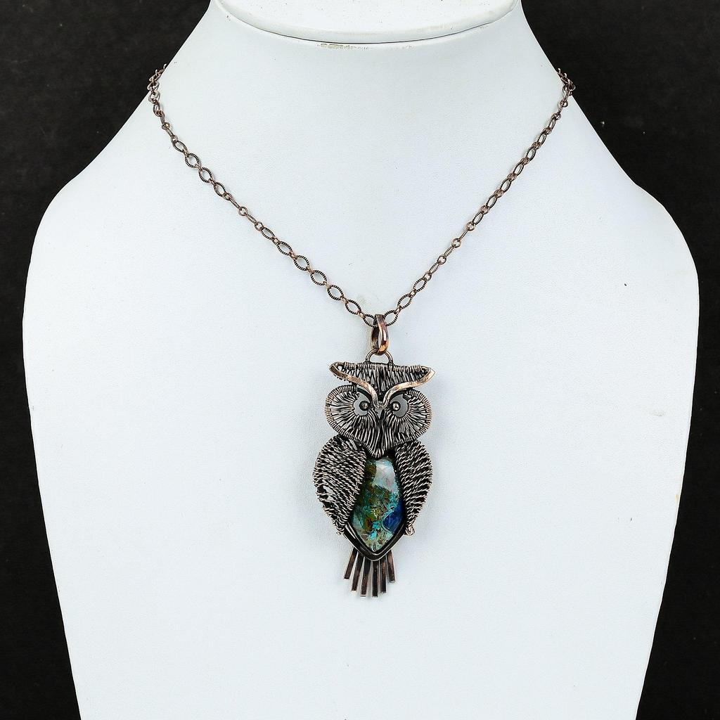 Azurite Malachite Pendant Copper Wire Wrapped Pendant Gemstone Copper Jewelry Handmade Pendant Wire Wrap Jewelry Owl Pendant Gift For Mother