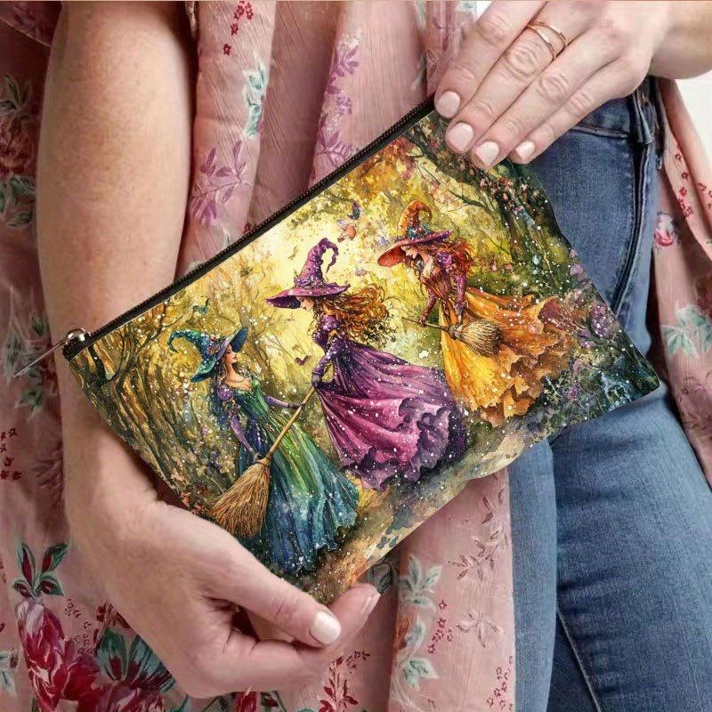 Retro Witch Resin Makeup Bag with Vibrant Autumn Forest Design, Secure Zipper Closure, Multi-Functional Travel bag