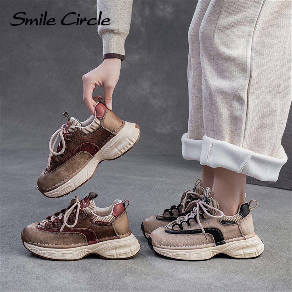 Damen Sneakers aus echtem Leder mit runder Zehenpartie und zunehmender Höhe, modische Freizeitschuhe mit dicker Sohle