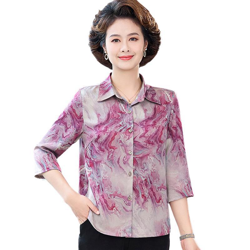 Summer Silk Printed Loose-Fit Blouse for Middle-Aged and Elderly Women, Plus Size Mulberry Silk Top