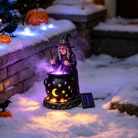 Festive Patio Illumination Solar Witch Statue with Glowing Cauldron Outdoor Halloween Garden Light Waterproof Lawn Sculpture Resin Decorative