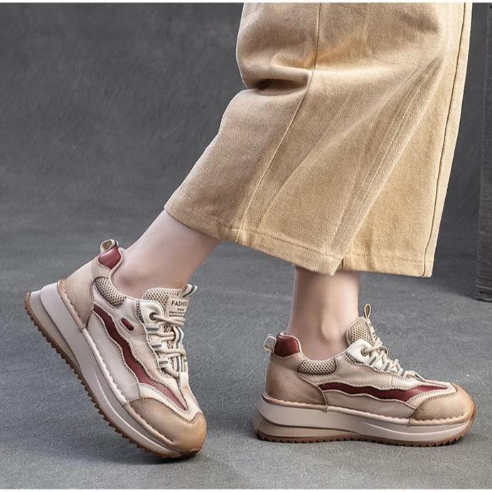 Johnature Thick Soled Mixed Colors Retro Genuine Leather Splicing Breathable Mesh Casual Sports Women's Shoes