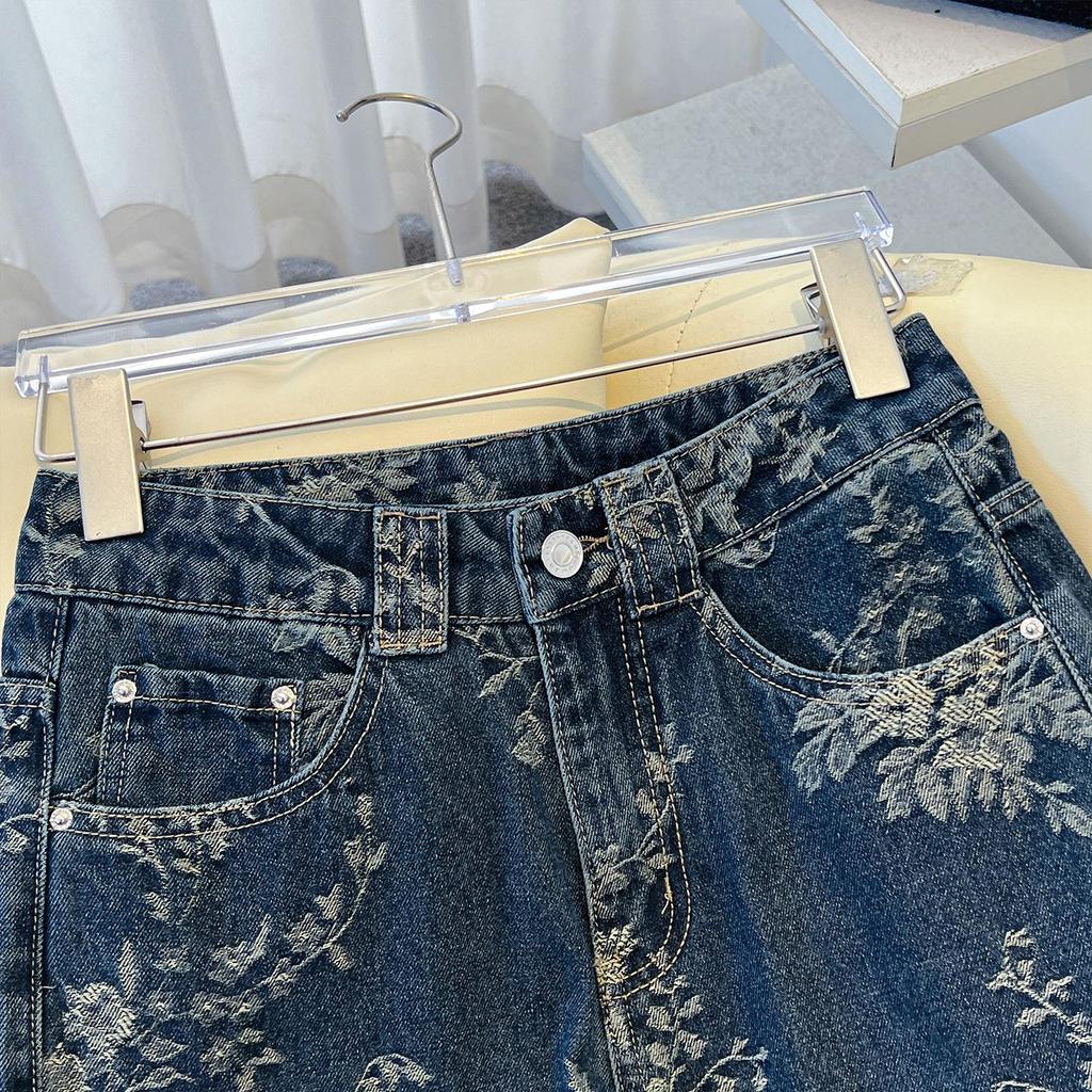 Women's High Waist Retro Blue Jacquard Straight Leg Jeans - 2025 Autumn Collection