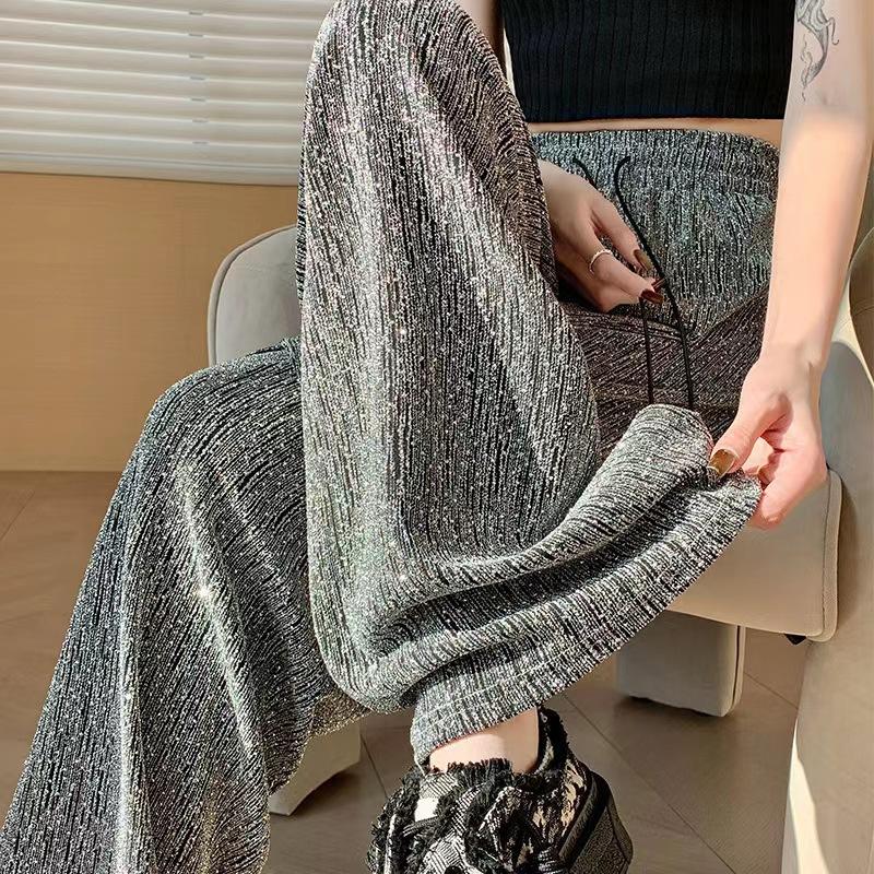 Women's Spring/Summer High-Waisted Wide-Leg Pants with Heavy Embellishments Lurex Threads Sparkling Stylish Loose Drapey Straight-Leg Casual Trousers