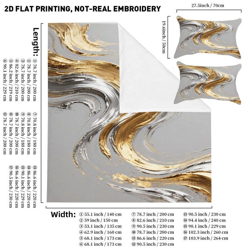 Pillowcase Quilt Cover 3-Piece Bedding Gold Silver Abstract Metal Brushstrokes Decorative Pattern 140cmx200cm