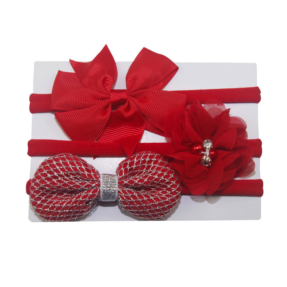 3Pcs Kids Elastic Floral Headband Pearl Hair Girls baby Bowknot Hairband Set