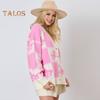 Women Autumn Winter Sweater V-Neck Long Sleeve Single Breasted Knitting Sweater Bowknot Plaid Print Sweater Coat