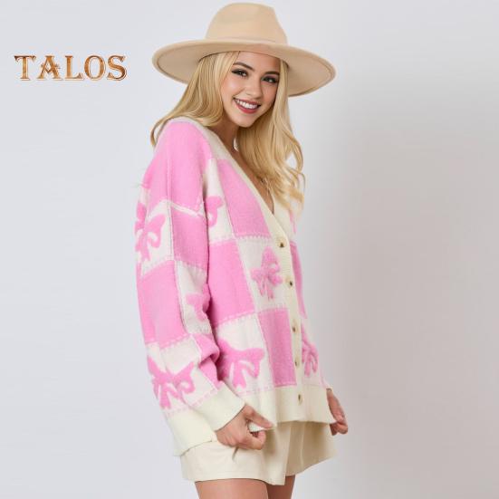 Women Autumn Winter Sweater V-Neck Long Sleeve Single Breasted Knitting Sweater Bowknot Plaid Print Sweater Coat