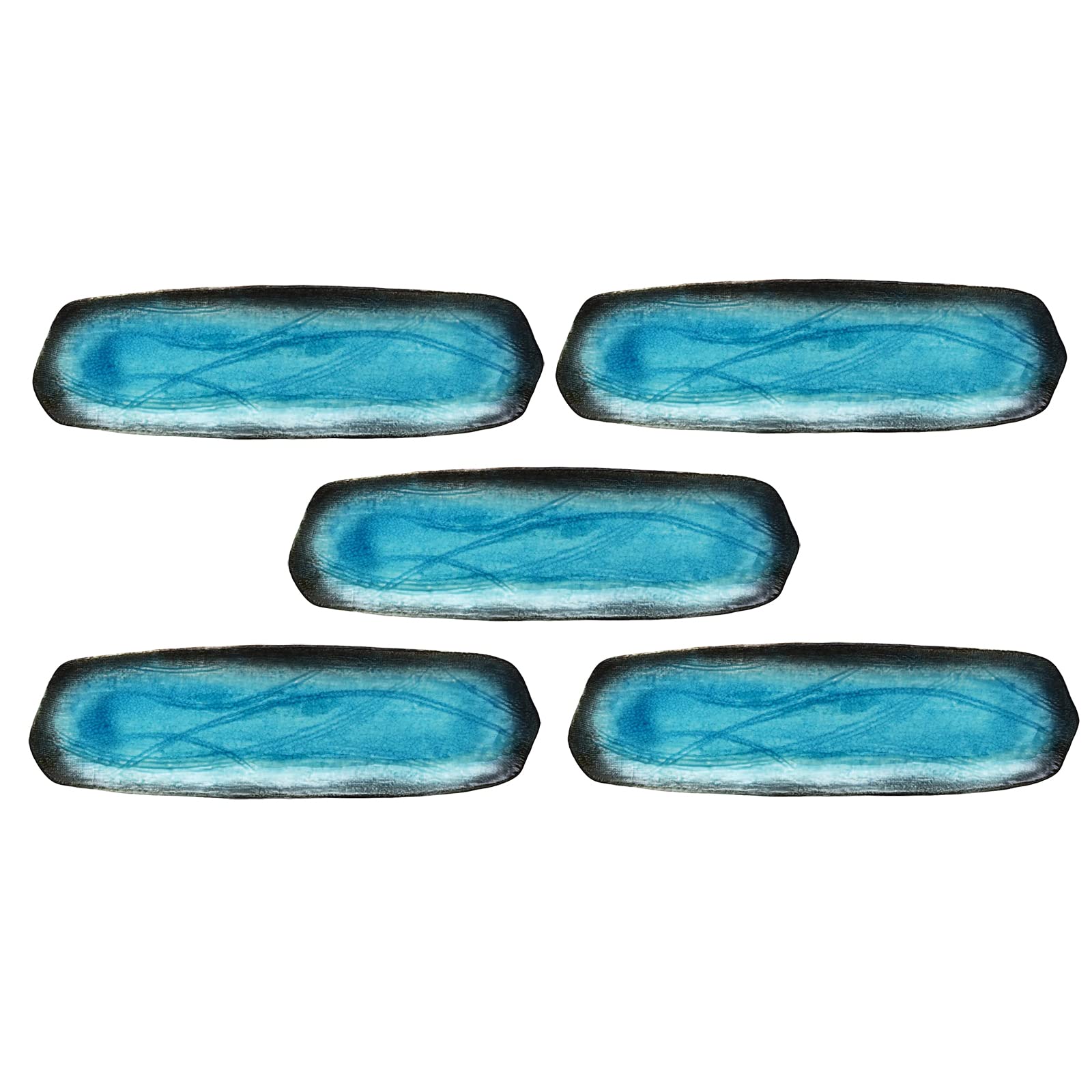 Mino ware  Yamasaku Kiln  turquoise blue plates, long rectangular plates, and sanma (saury) plates, approximately 34cm diameter x 10cm deep, set of 5,