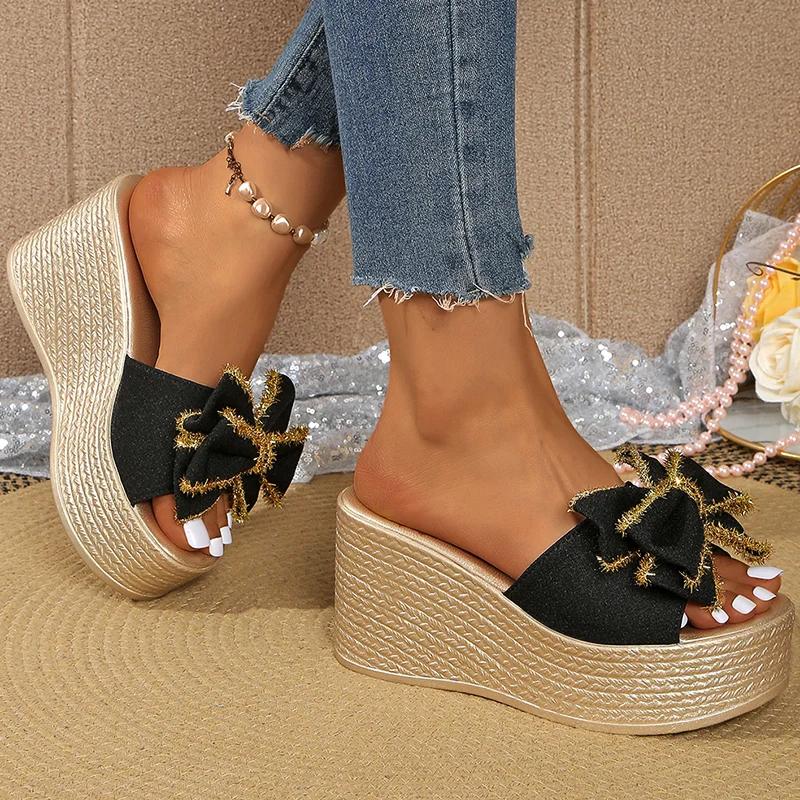 Fashion Street Bow Knot Chunky Platform Slippers Women Fashion Round Toe High Heel Sandals Woman Plus Size Wear-Resistant Slides Mujer