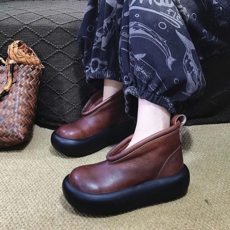 Fashion Round Toe Thick Sole Leather Casual Platform Women's Shoes Retro Top Cowhide Ankle Boots Pure Handmade Single Cool Boots