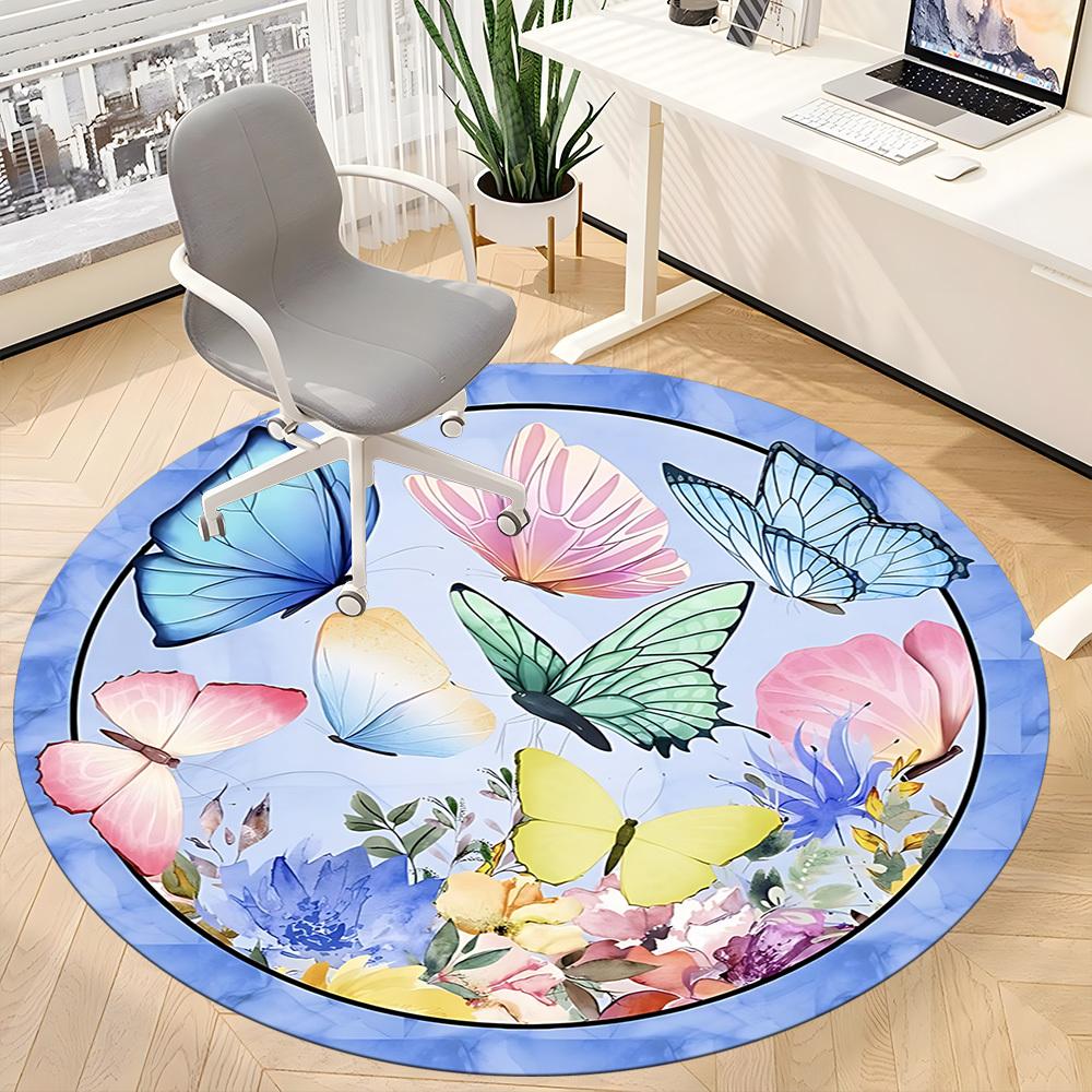 1pc Butterfly Floral Pattern Carpet for Office Non Slip, Round Carpet, Soft & Comfortable, Carpet for Office, Lightweight Round Floor Mat