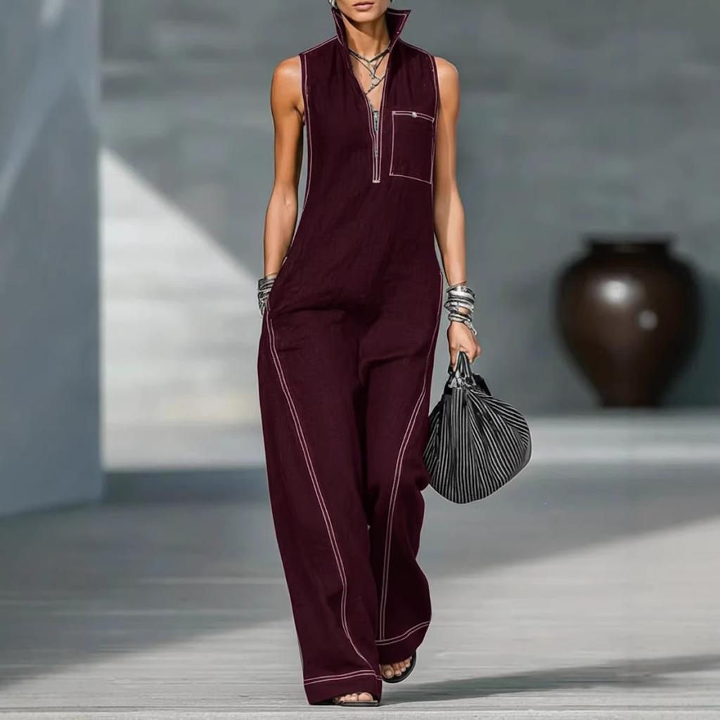 2026 new cross-border, European, American Amazon independent station women's stand-up collar sleeveless casual loose cotton and linen jumpsuit