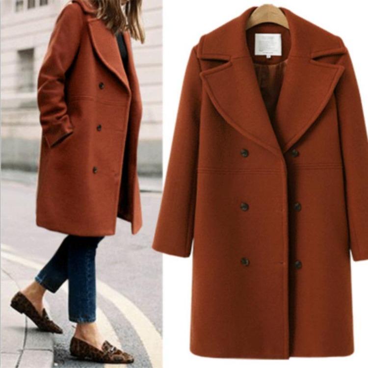 Women Plus Size Winter Woolen Trench Coat Double Breasted Mid Length Autumn Fashion Coat