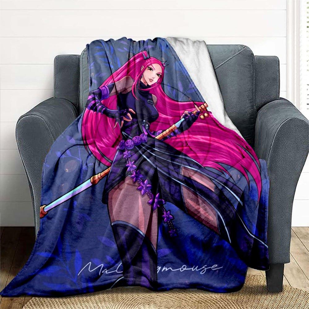 "Fantasy Warrior with Pink Hair and Sword Art Print"Blanket Lightweight Flannel Throw Blanket for Sofa, Bed, Travel, Camping, Livingroom, Of