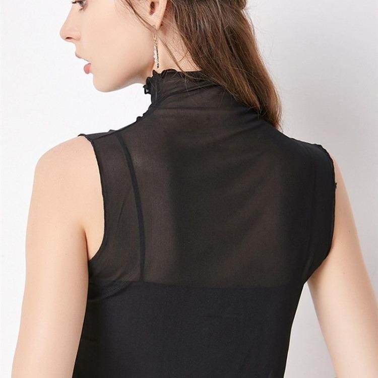Fashion Sexy  Sleeveless Lace and Mesh Bottom Top with High Neck for Women