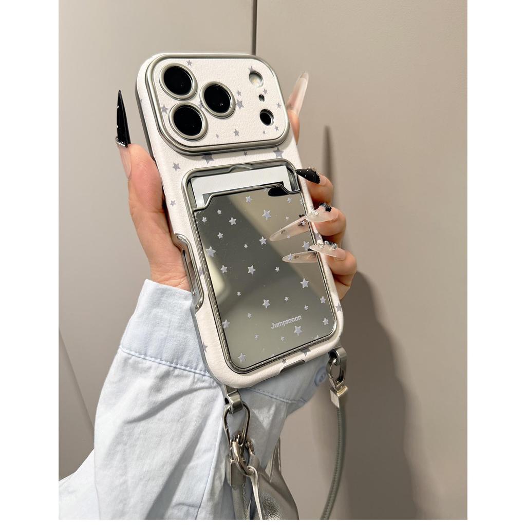 Electroplated Window Mirror Phone Case with Star-Filled Card Slot & Silver Lanyard for All Apple Models