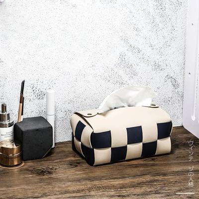 Checkerboard Woven Tissue Box PU Leather Napkin Case Living Room Office Desktop Home Decoration Creative Paper Towel Cover