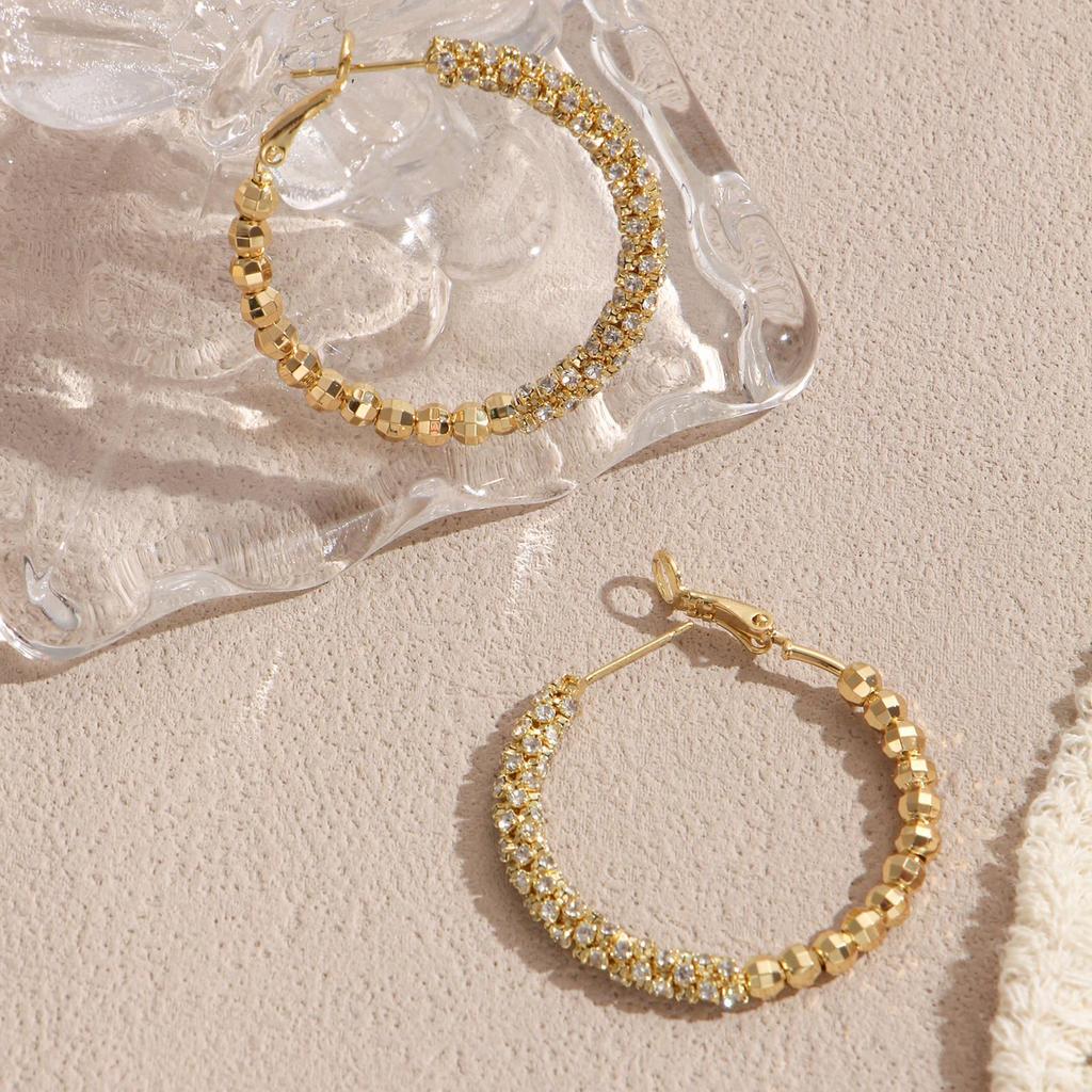 LNCHRAN Golden Light Luxury Copper Hoop Earrings with Synthetic Zirconia Faceted Beads