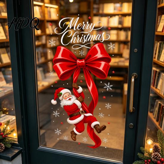 Holiday Window Decorations Static Glass Sticker Christmas Theme Bow Pattern Print Removable Film Electrostatic PVC for Home And Store Doors