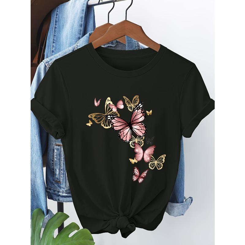 

European Size European Size Women s Light Yellow Butterfly Graphic Print Short Sleeve T-Shirt - Casual Round Neck Tee with Pink & Black Design 4XL чорний