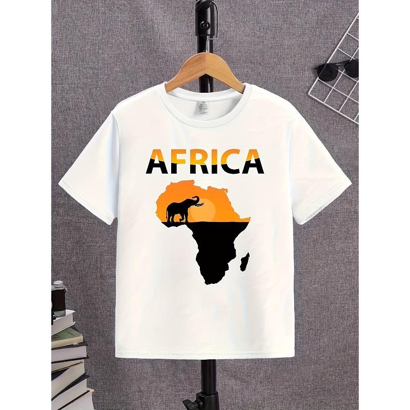 European sizes Africa Map Print Black and White T-Shirt for Boys, Fashion Summer Short Sleeve Kids T-Shirt, Cute Printed Boys' Casual Top