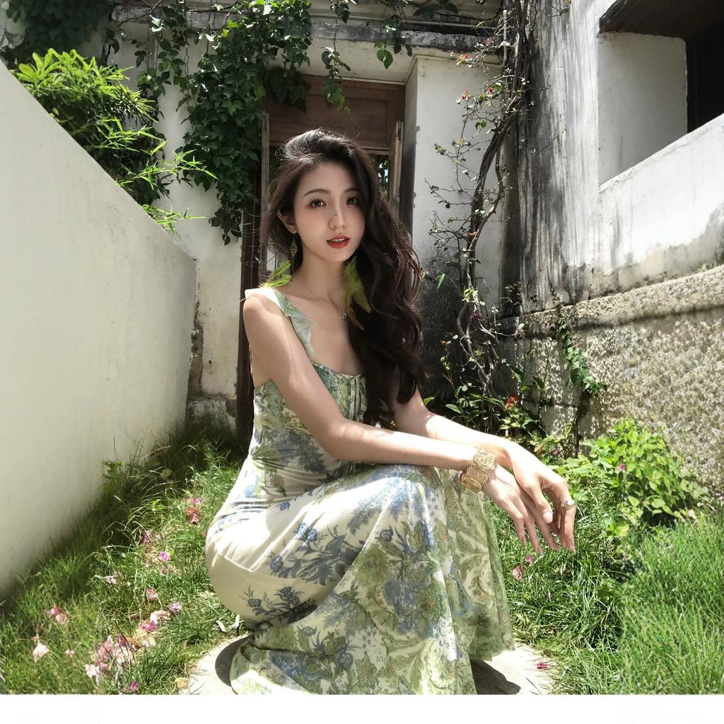 French Fresh Floral Suspender Fishtail Dress Summer Halter Ruffle Edge Waist Thin Seaside Vacation Dress
