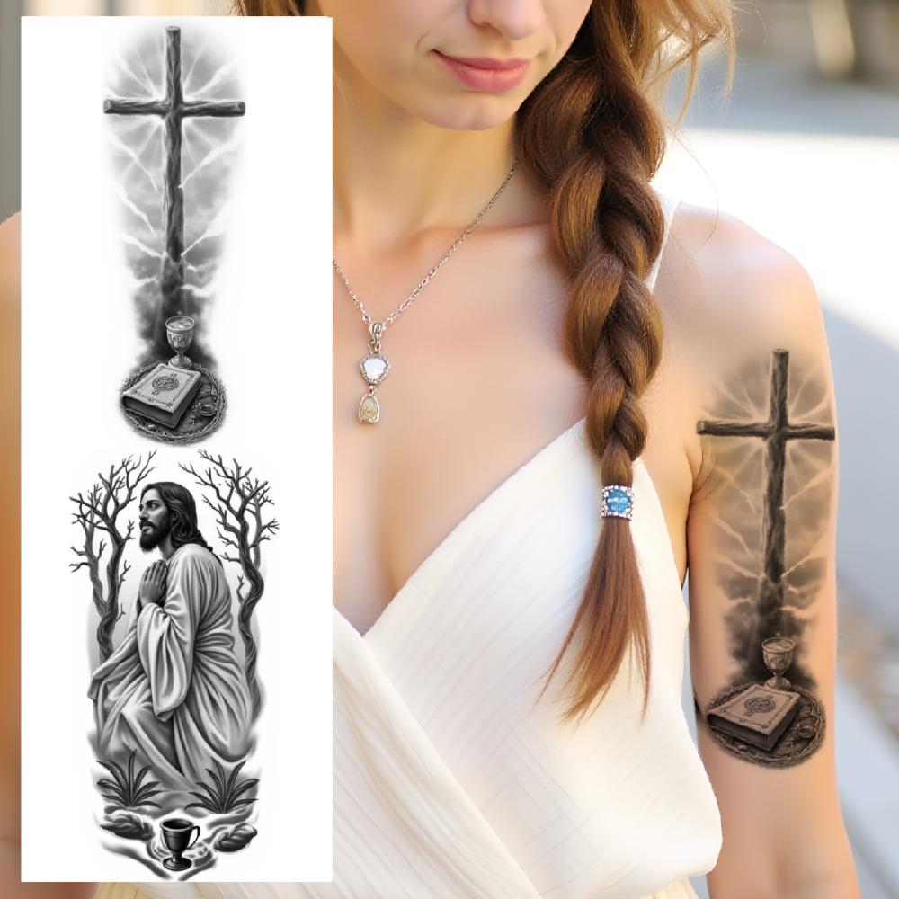 3pcs Temporary Tattoo Black And Grey Realism Praying Woman Book Virgin Mary For Arms Men Thighs