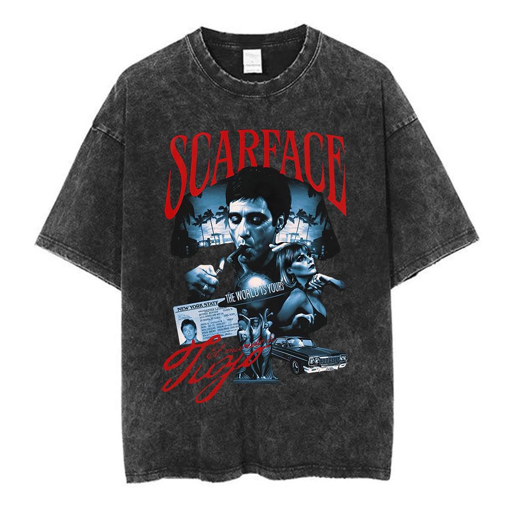 Movie Scarface The World Is Yours Vintage Washed Tshirt Tony Montana Al Pacino Unisex Unisex Clothing Oversized T Shirt Streetwear