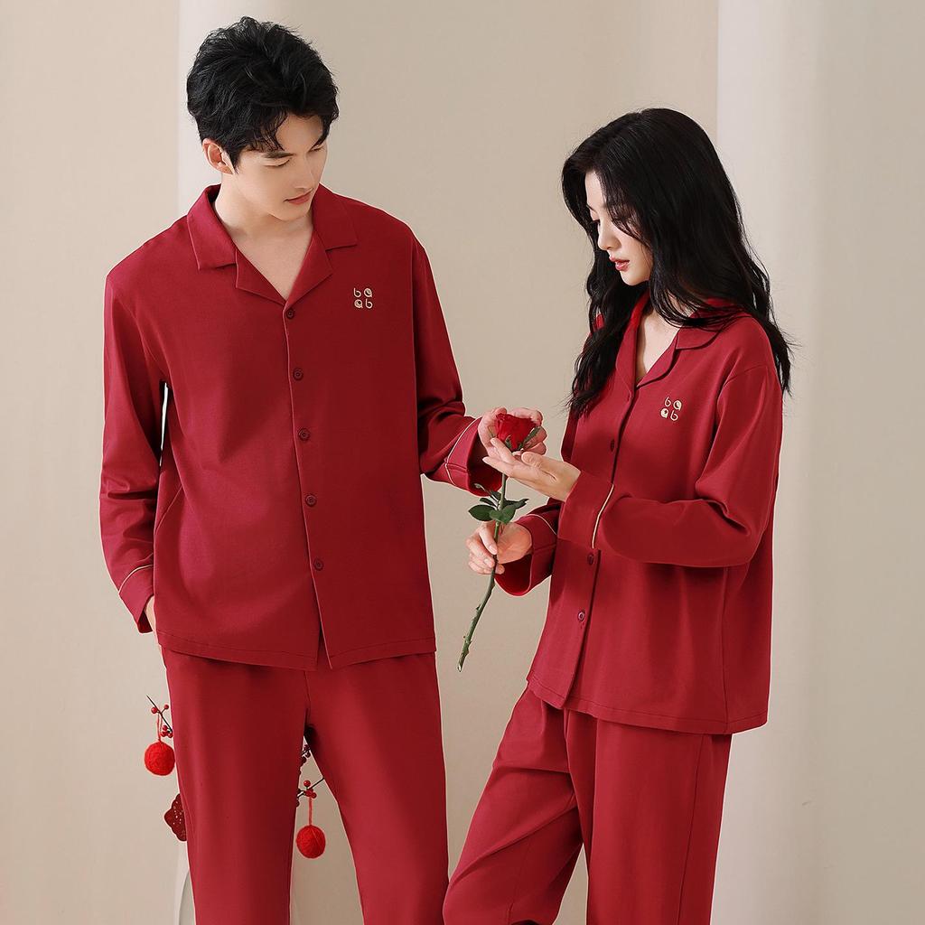 Unisex Wedding Couple Pajamas: Festive Red Pure Cotton Cardigan Set for Spring and Autumn