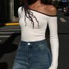 Spring New Skew Collar Long Sleeve Sexy T-shirt Women Fashion Slim Fit Off Shoulder Tops Casual Woman Tshirts Elegant Solid Street Y2K Tee Shirt 26473