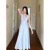 Women's Summer Blue Sleeveless Unique and Beautiful Waist Pinch Dress Summer Temperament Lace Splicing Hollow Dress