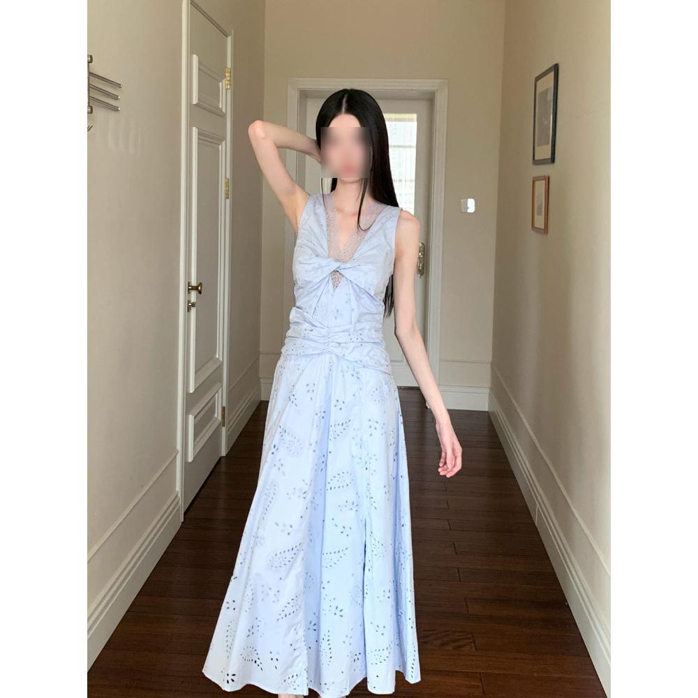 Women's summer blue sleeveless unique and beautiful waist pinch dress summer temperament lace splicing hollow dress