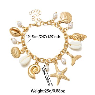 Bohemian-style Gold Chain Bracelet with Lady Seastar, Seashell, Whale Tail and Pearl Pendant Ornaments