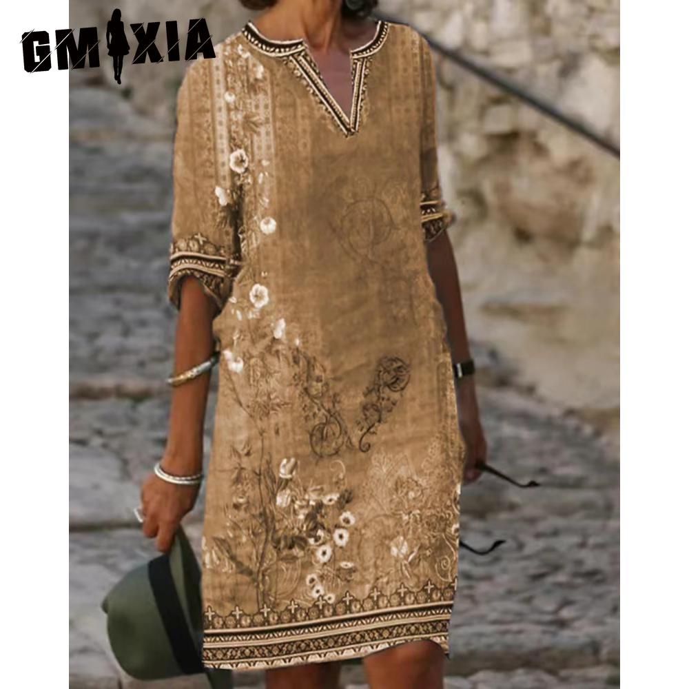 

GMXIA Женское сексуальное платье-футболка с V-образным вырезом Летний женский топ с коротким рукавом Женское облегающее миди-платье Пляжная юбка Платье с принтом Повседневное платье XL жёлтый