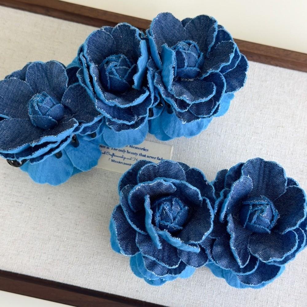 Denim Blue Women Vertical Clip Camellia Floral Twisted Hair Clip Elegant Flower Banana Clips  Girls
