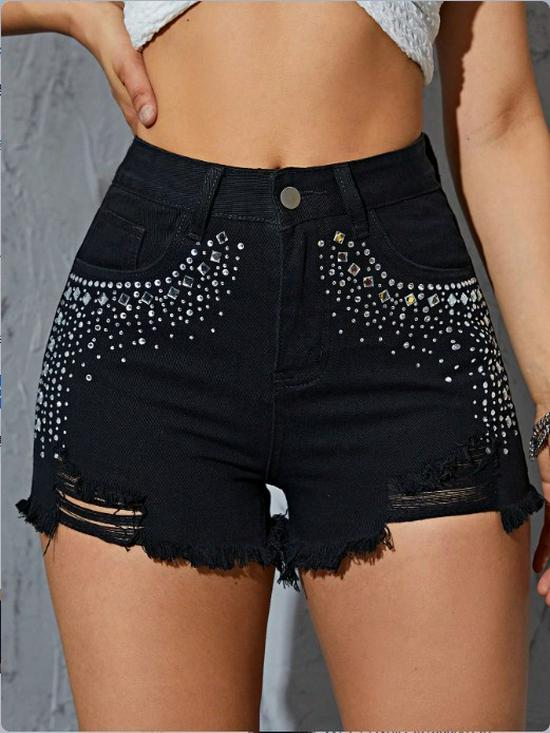 

High Waist Women s Beaded Denim Shorts - Summer 2026 Style Small чёрный