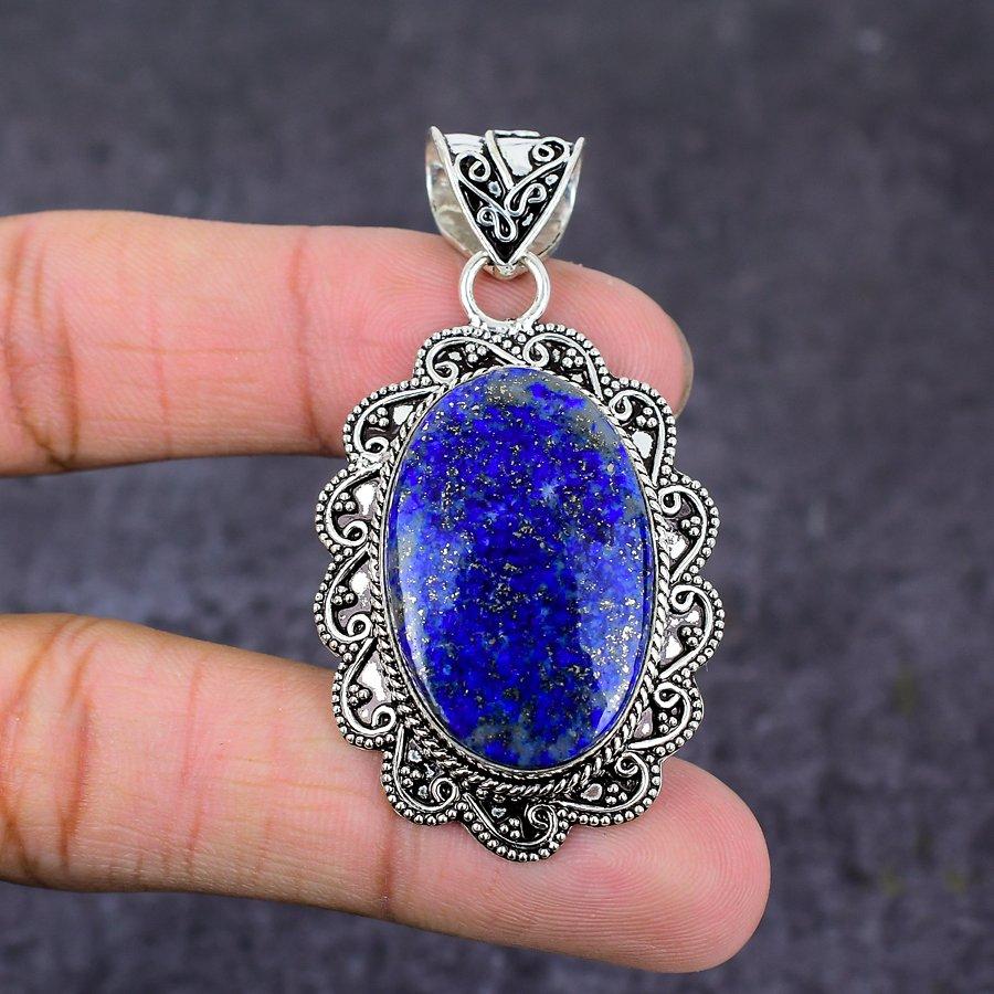 Natural Lapis Lazuli Gemstone Handmade 925 Sterling Silver Pendant 2.32" B8l55
